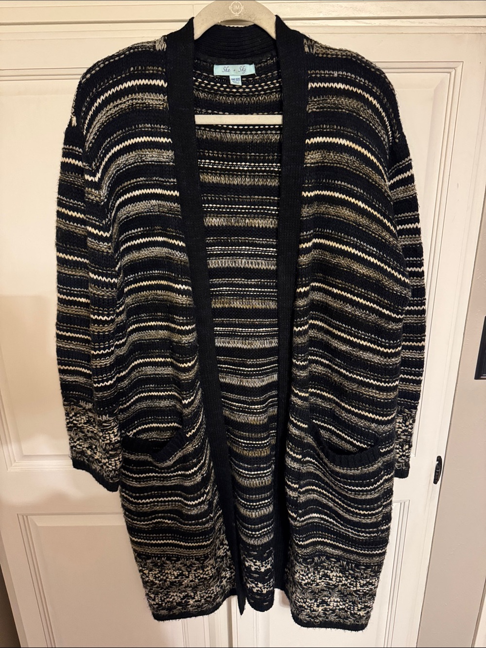 She + Sky Black and Cream Open-Front Striped Cardigan